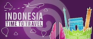 purple banner of Indonesia famous landmark silhouette colorful style