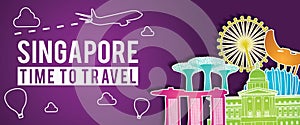 Purple banner of Singapore famous landmark silhouette colorful style,plane and balloon fly around with cloud