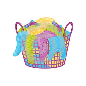 Purple basket with handles full of dirty laundry. Socks, t-shirts and sweaters for washing. Flat vector icon