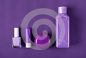 Purple beauty and body care products assortment