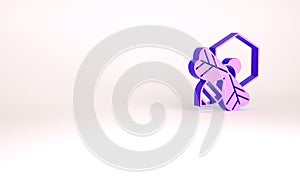 Purple Bee and honeycomb icon isolated on white background. Honey cells. Honeybee or apis with wings symbol. Flying