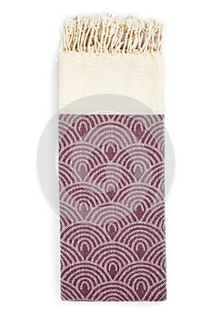 Purple and beige towel folded colorful textile for spa, beach, pool, light travel, healthy fashion and gifts. Tr