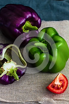 Purple bell peppers and tomato pieces