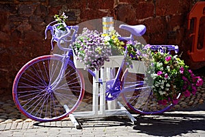 Purple bicycle with pretty flowers, Exeter, UK.