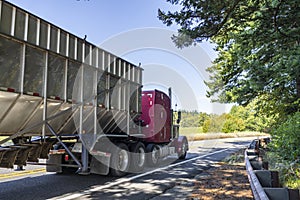 Purple big rig classic semi truck transporting cargo in open bulk semi trailer running on the narrow road with protection fence