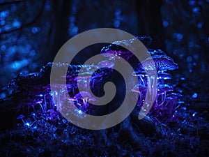 Purple bioluminescent fungus on tree in forest