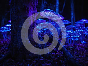 Purple bioluminescent fungus on tree in forest