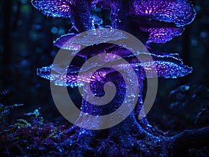Purple bioluminescent fungus on tree in forest