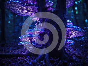 Purple bioluminescent fungus on tree in forest