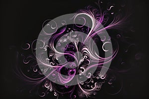 a purple and black abstract design with swirls and bubbles on a black background with a black background and a white and purple