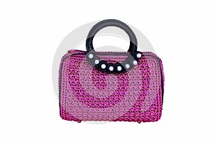 Purple with black edge crochet knitted bag ,made from nylon thread isolated on white background ,handmade patterns