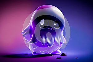 Purple and black ghost sitting on top of purple floor next to pile of black rocks. Generative AI