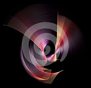 The purple blades of the abstract air propeller, with red and orange stripes, rotate on a black background. Graphic design element