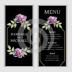Purple blooming rose flower wedding menu card template