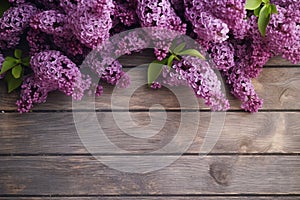 Purple blossoms of lilac adorning a wooden plank, nature\'s artistry.