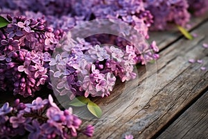 Purple blossoms of lilac adorning a wooden plank, nature\'s artistry.