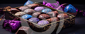 Purple or blue chocolate bars with chocolate box