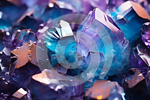 Purple and blue geodes inside crystal rock