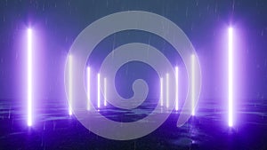 Purple blue neon lights road rain puddles 3d