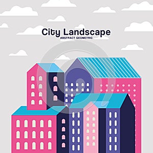 Purple blue and pink city buildings landscape with clouds design