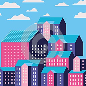 Purple blue and pink city buildings landscape with clouds design