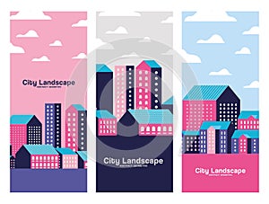 Purple blue and pink city buildings landscape with clouds frames design