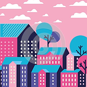 Purple blue and pink city buildings landscape with clouds and trees design