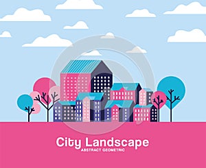 Purple blue and pink city buildings landscape with clouds and trees vector design