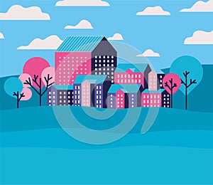 Purple blue and pink city buildings landscape with clouds and trees vector design