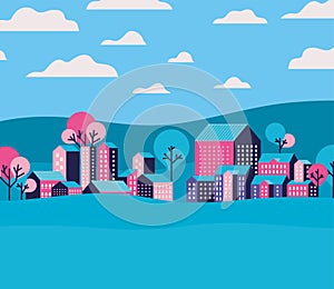 Purple blue and pink city buildings landscape with clouds and trees vector design