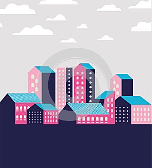 Purple blue and pink city buildings landscape with clouds vector design