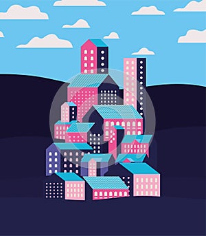Purple blue and pink city buildings landscape with clouds vector design