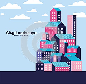 Purple blue and pink city buildings landscape with clouds vector design