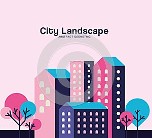 Purple blue and pink city buildings landscape with trees design