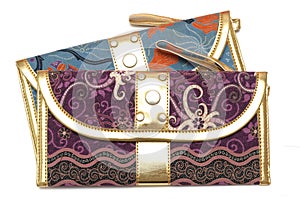 A purple and blue pouch with zipper puller