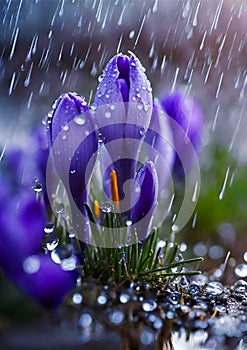 Purple and blue saffron flowers crocus speciosus blooming in spring time closeup macro.