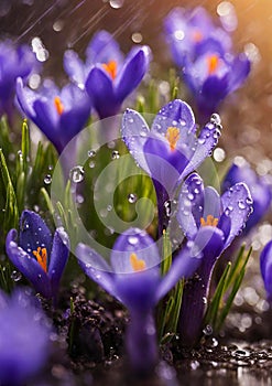 Purple and blue saffron flowers crocus speciosus blooming in spring time.