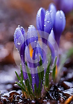 Purple and blue saffron flowers crocus speciosus blooming in spring time.