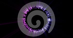 Purple and blue shiny circle on a dark background. Glitter emitting light. Shining object with glitter. Smooth animation.