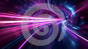 Purple and blue tunnel with light streaks. Futuristic technology concept. Abstract background with lines for network