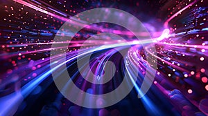 Purple and blue tunnel with light streaks. Futuristic technology concept. Abstract background with lines for network