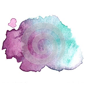 purple blue watercolor abstract splashing shape, violet wet paint texture, design template element, isolated on whte, aquarelle