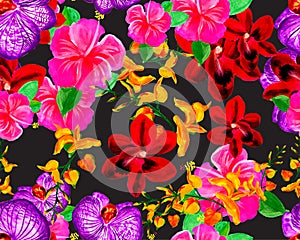 Purple Botanical Texture. Green Orchid Backdrop. Pink Hibiscus Leaf. Colorful Flower Design. Red Watercolor Garden. Yellow Seamles
