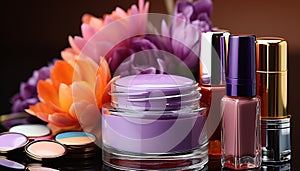 Purple bottle of beauty product, nature pink flower paint elegance generated by AI