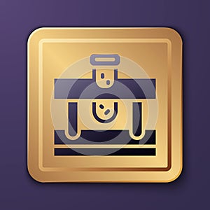 Purple Bottle with potion icon isolated on purple background. Flask with magic potion. Gold square button. Vector