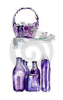 Purple bottles with hair preparation. Hairdressing salon. Watercolor hand drawn illustration