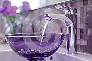 A Purple Bowl Filled with Water Beneath a Shiny Chrome Faucet. Concept Still Life Photography,