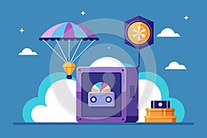 A purple box with a clock resting on its top, Vector finance airdrop and safe box, Simple and minimalist flat Vector Illustration