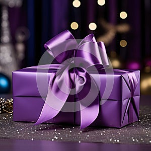 Purple boxes, gifts with bows on purple dark background. Gifts as a day symbol of present and love