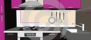 Purple and brown kitchen interior drawing